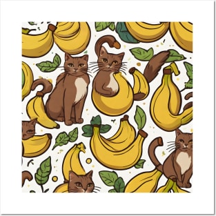 Brown Cat Banana Pattern Posters and Art